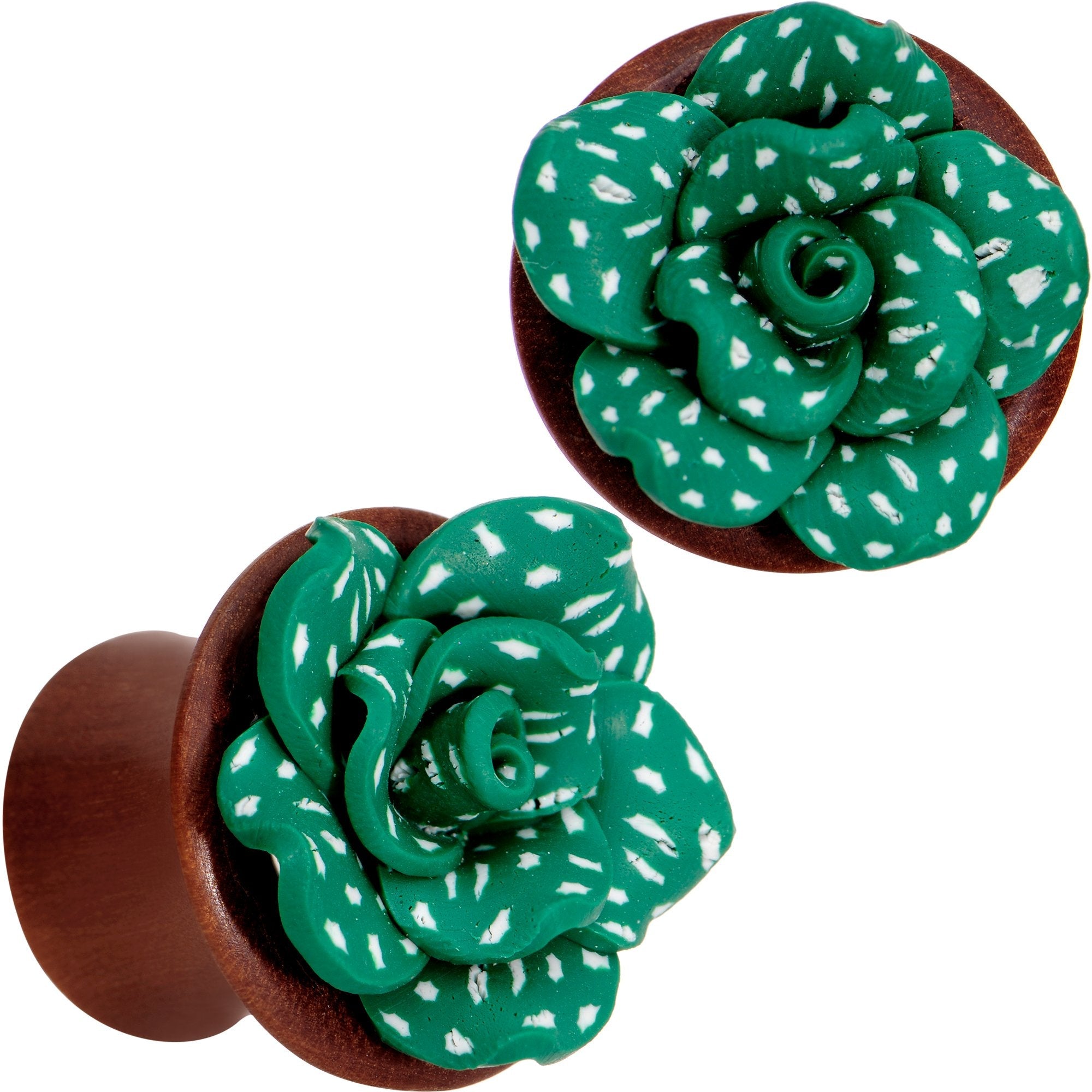 BodyCandy Handcrafted Rosewood Speckled Green Succulent Saddle Plug Set Sizes 14mm to 20mm — detail and construction