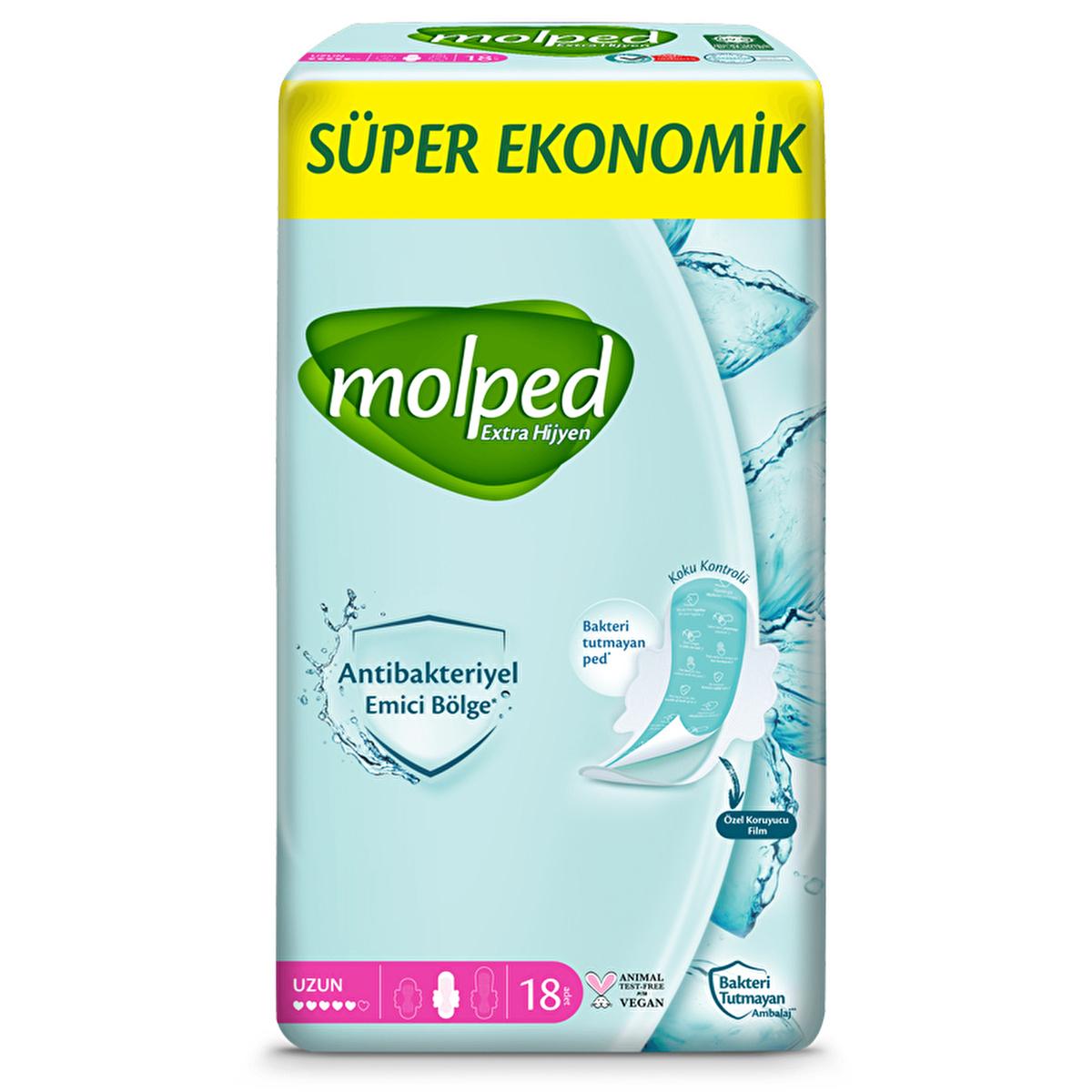 Molped: Extra Hygiene Antibacterial Long Sanitary Pads - Ultimate Odor Control & Protection, Ultra Thin Feminine Hygiene Pads, 18 Count