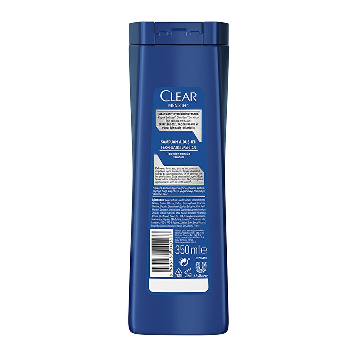 Clear Men 3-in-1 Menthol Refreshing Shampoo, Shower & Face Wash: Combat Dandruff, Cleanse & Invigorate - All In One.