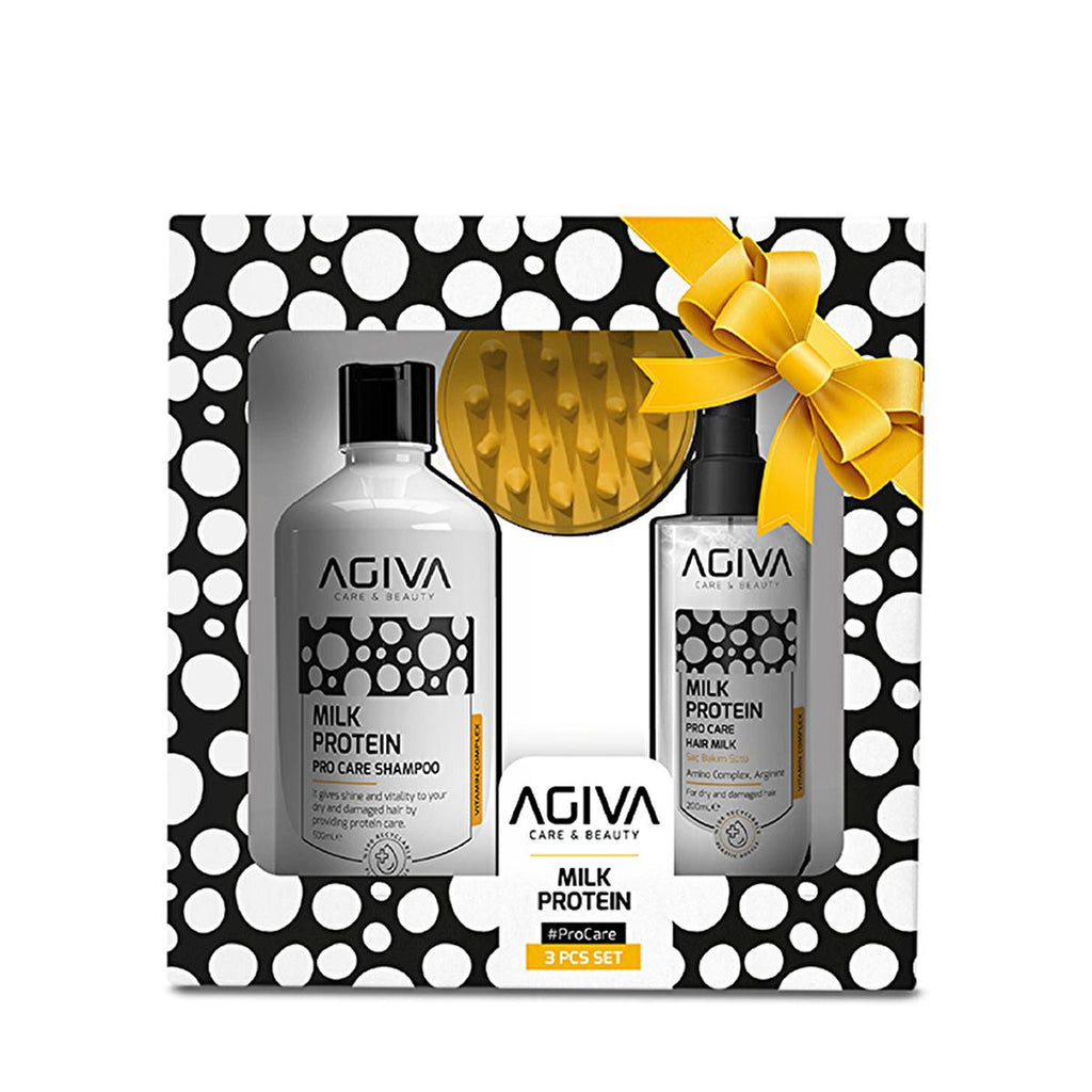 Agiva Milk Protein Hair Care Set: Shampoo, Hair Milk & Comb - Repair Damaged Hair, Restore Shine, Moisturize & Detangle (Brush Color May Vary)