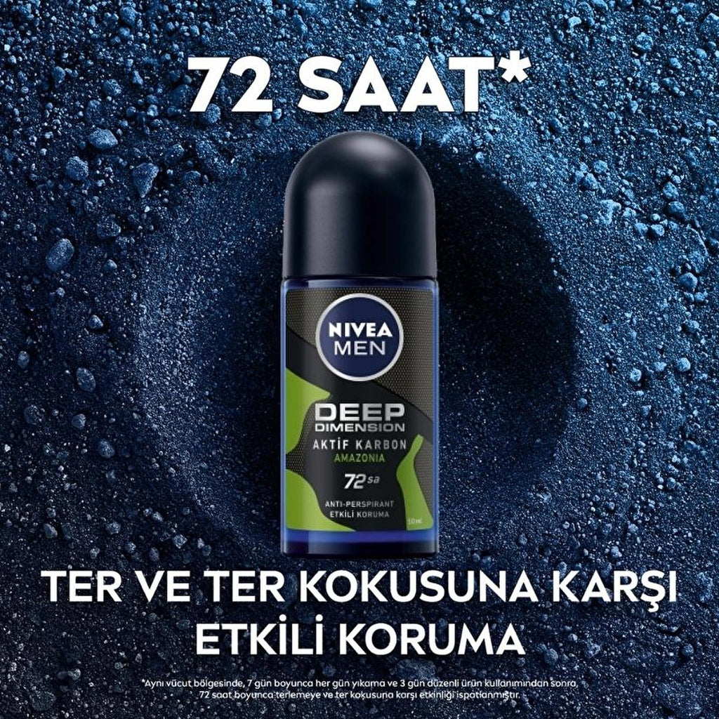 Nivea Men Deep Dimension Amazonia Roll-on Deodorant - Long Lasting Anti-Perspirant Protection for Men, 72 Hours Freshness, Masculine Scent