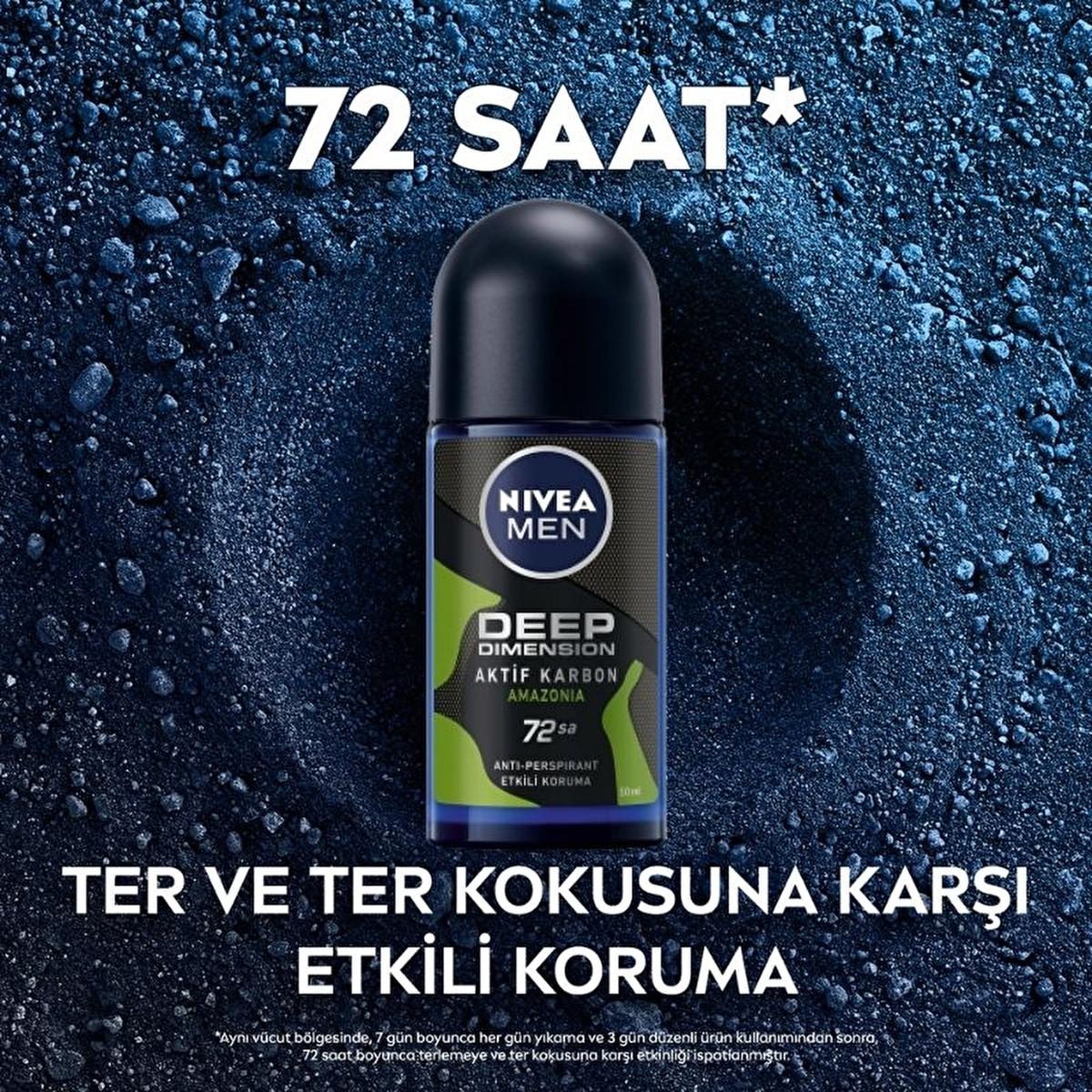 Nivea Men Deep Dimension Amazonia Roll-on Deodorant - Long Lasting Anti-Perspirant Protection for Men, 72 Hours Freshness, Masculine Scent
