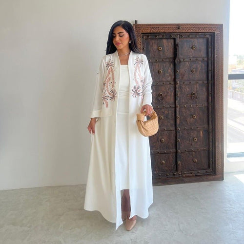 Ice Silk Crinkle Fabric  Embroidered V-Neck Abaya(MOA234)