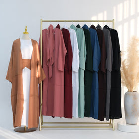 Ice Silk Crinkle Open Abaya with Wide Belt(MOA283)