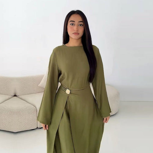 Ice Silk Crinkle Round Neck A-Line Work Dress with Decorative Button & Built-in Belt(MA308)
