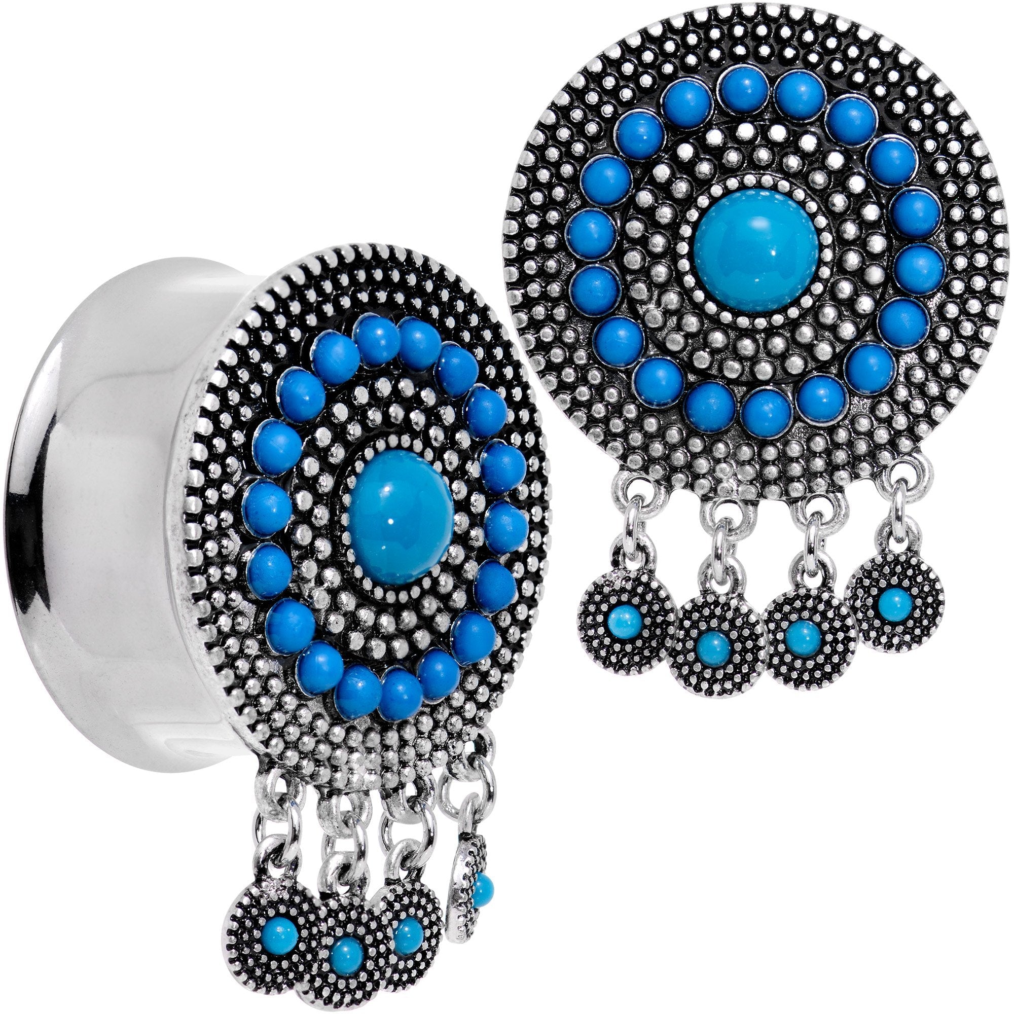 BodyCandy Southwest Blue Drum Dreamcatcher Dangle Double Flare Plug Set 6mm to 25mm — feature highlight