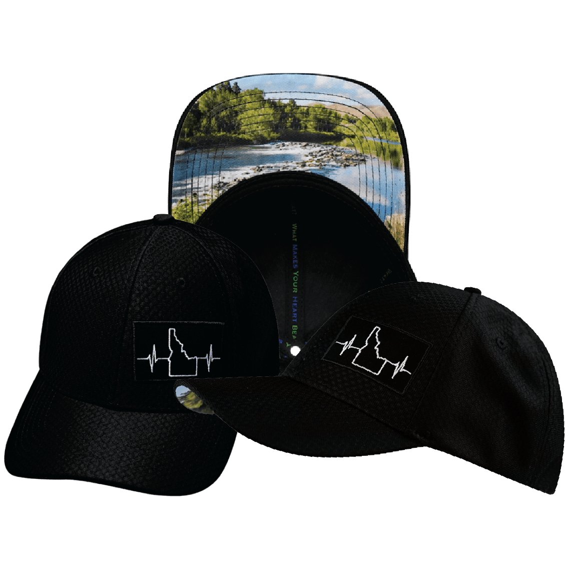 The Heartbeat Brand Idaho Airmesh Hat — Athletic Fit / Black — main product shot