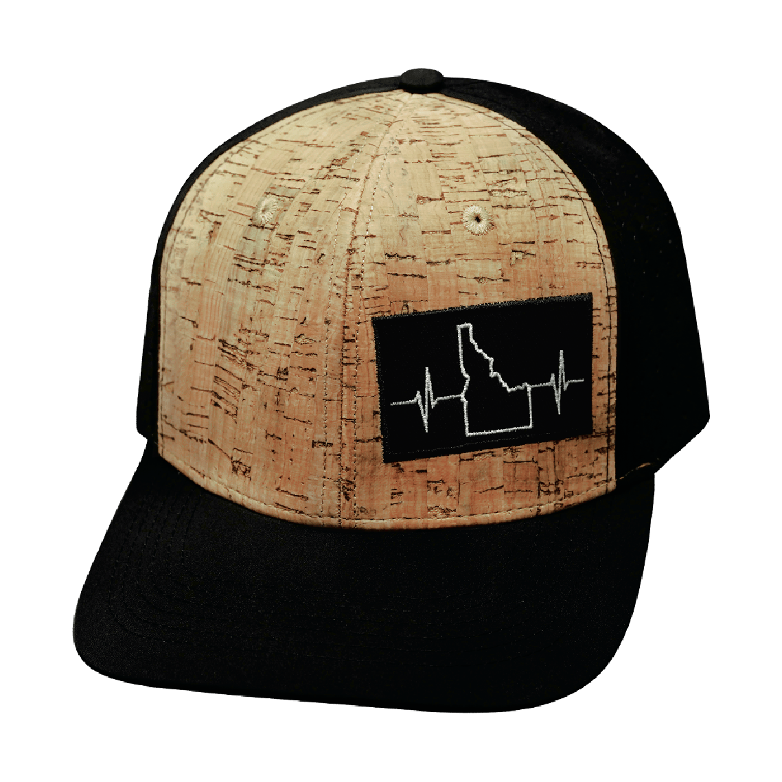 The Heartbeat Brand Idaho Hat - Baseball Hat Fit - Cork - Black - Laser Mesh — back view
