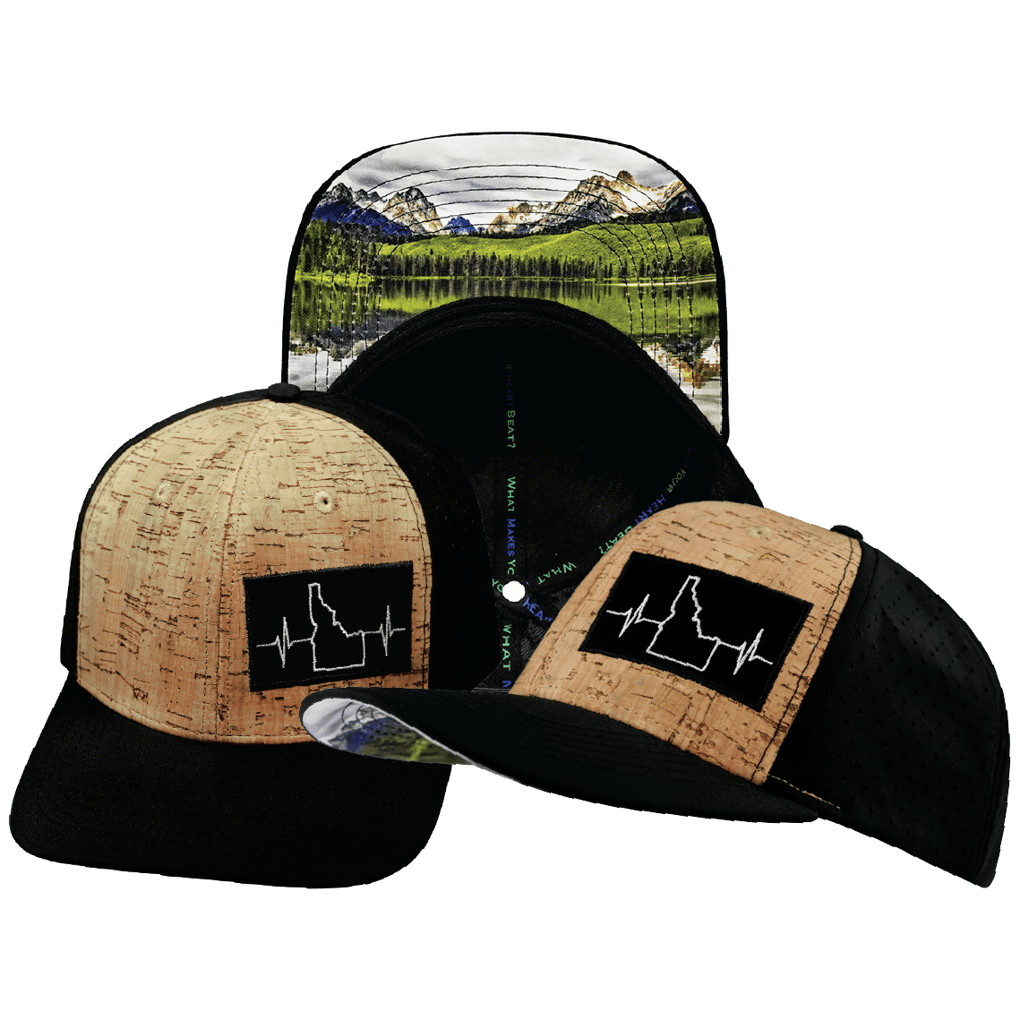 The Heartbeat Brand Idaho Hat - Baseball Hat Fit - Cork - Black - Laser Mesh — main product shot