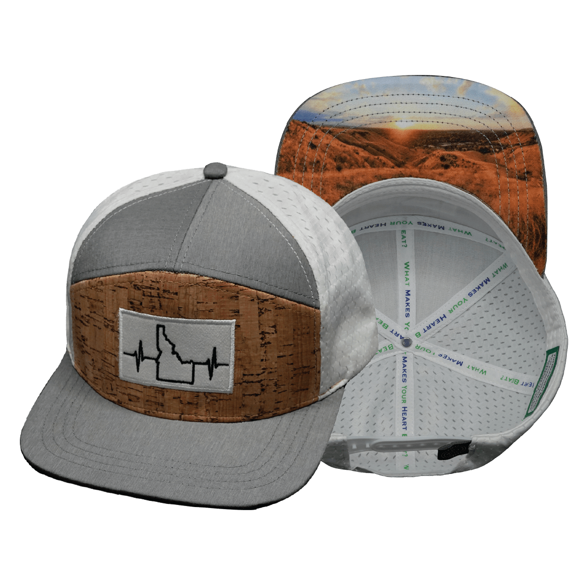 The Heartbeat Brand Idaho Flat Bill Hat — Cork Gray / White — main product shot