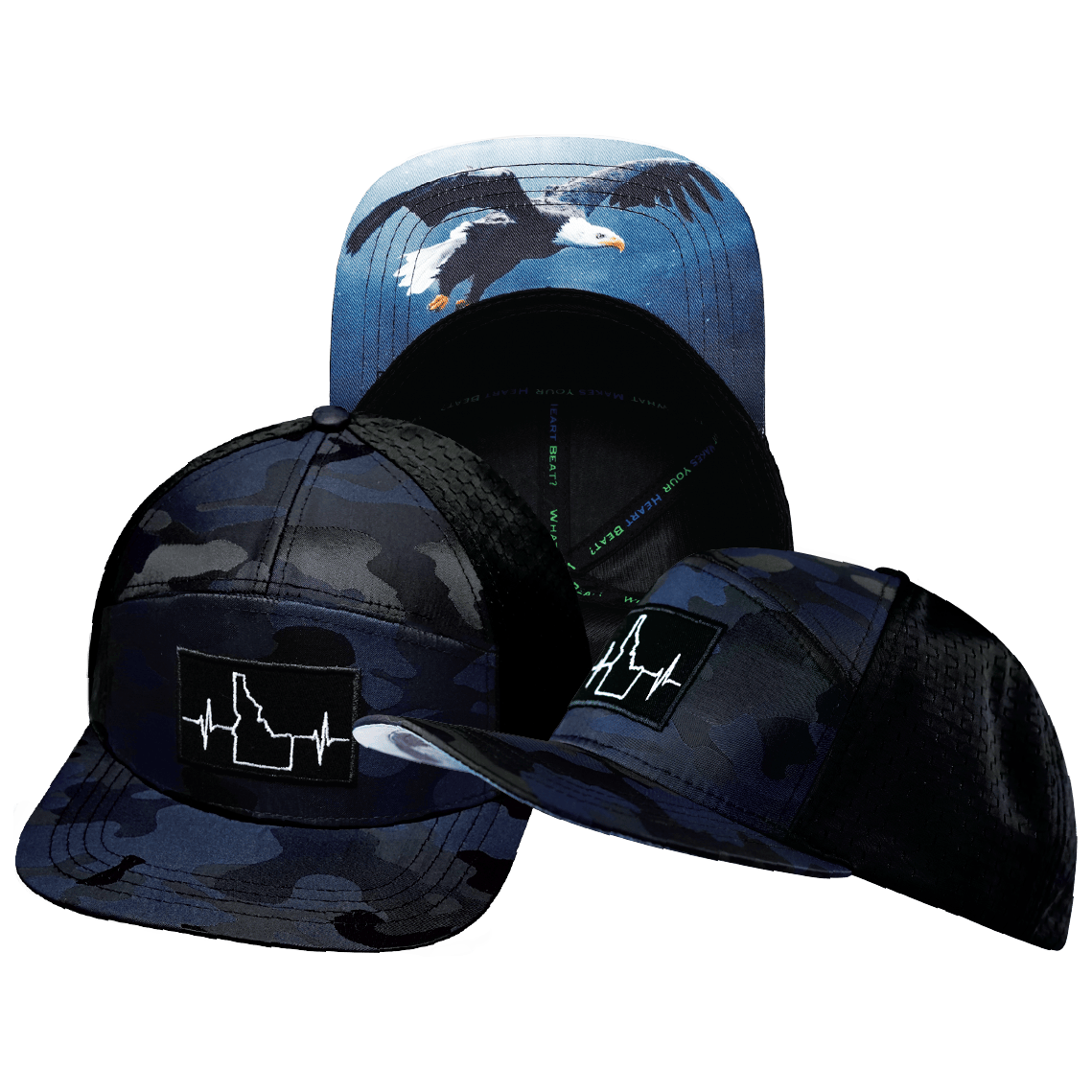 The Heartbeat Brand Idaho Flat Bill Hat — Navy Camo / Black — main product shot