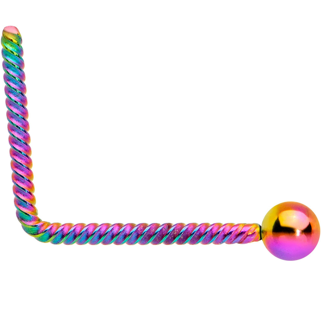 BodyCandy 2mm Ball End Rainbow IP So Twisted L Shaped Nose Ring — detail and construction