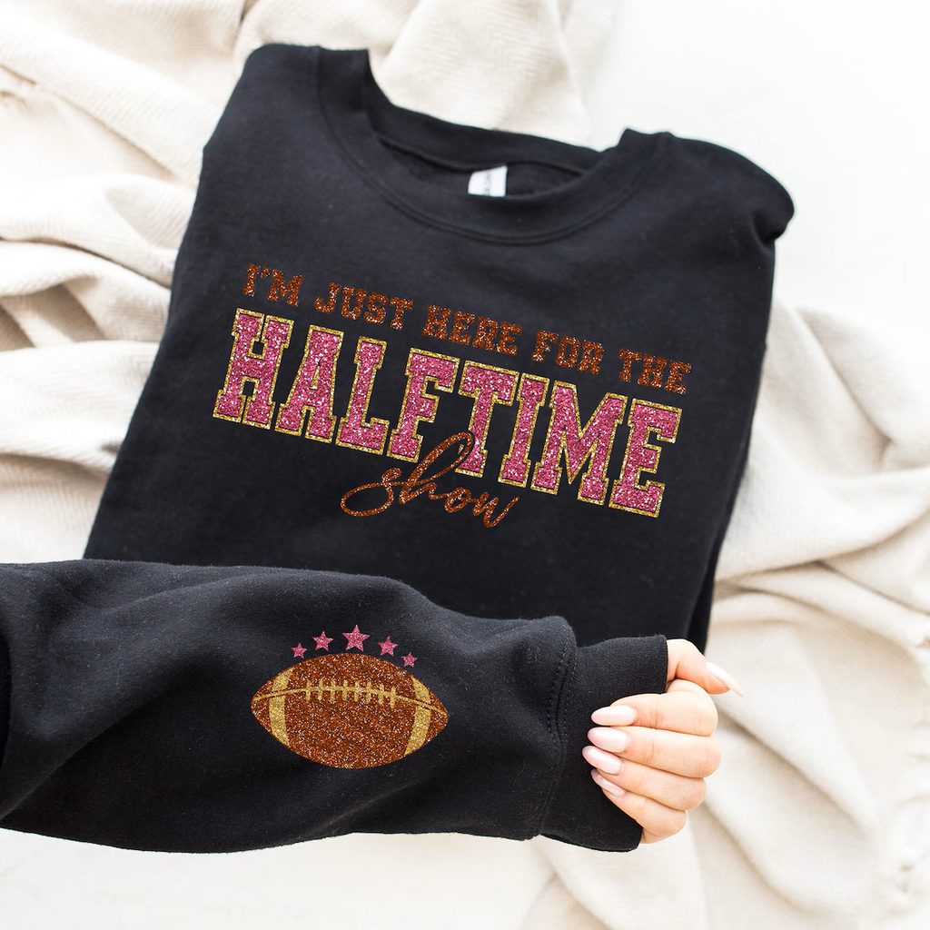 A Blessed Texas Mess Boutique Glitter Superbowl Team Halftime Football Sweatshirt, Funny Game Day Shirt… — construction detail