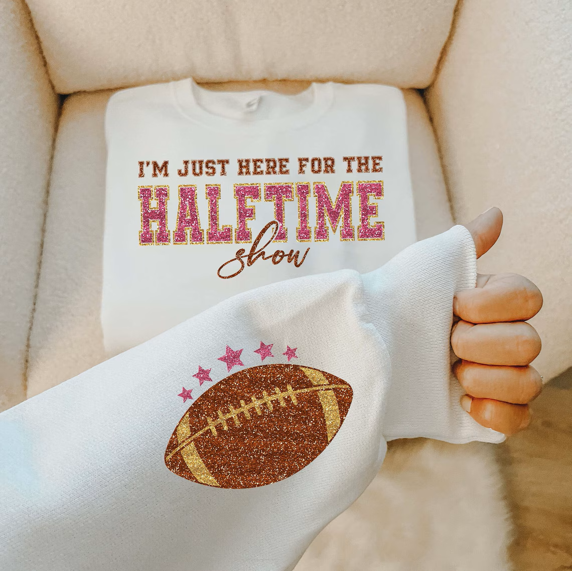 A Blessed Texas Mess Boutique Glitter Superbowl Team Halftime Football Sweatshirt, Funny Game Day Shirt… — main product shot