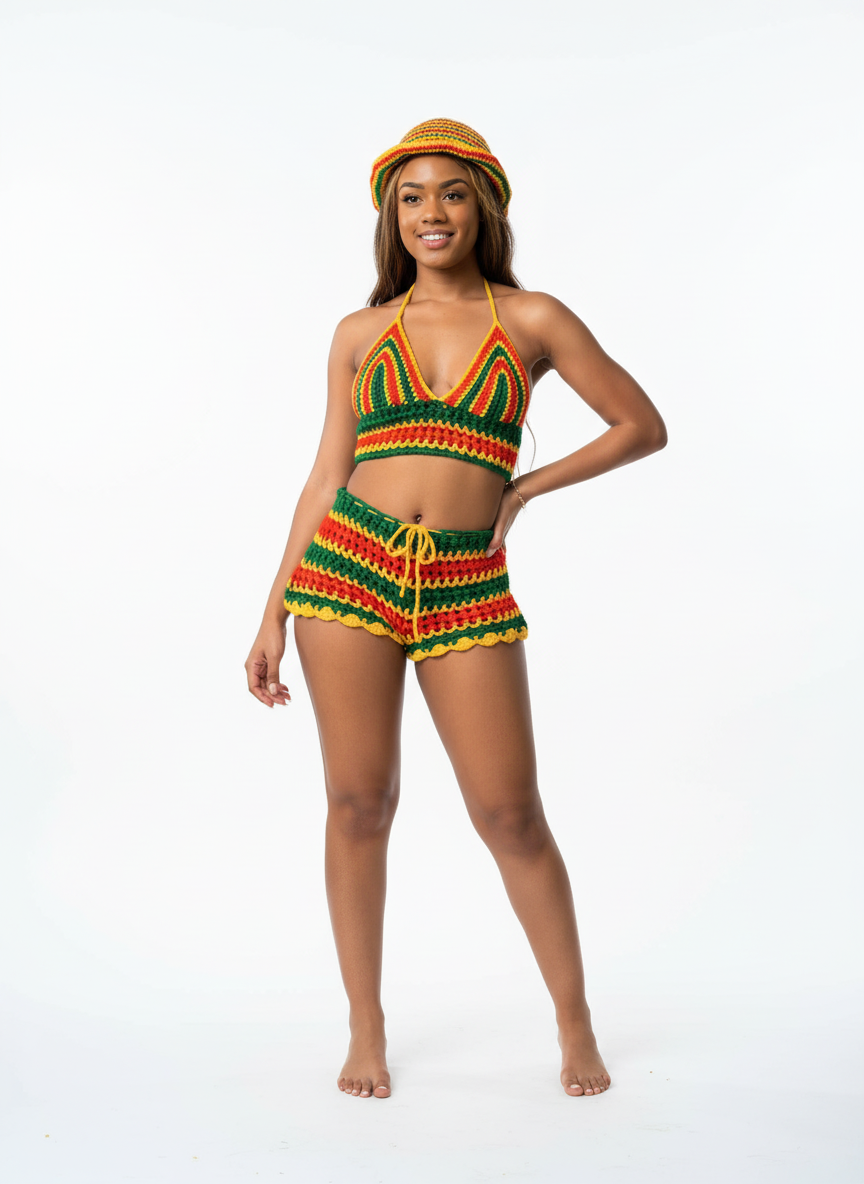 Stitched by Spice Jamaican Rasta Crochet Shorts with Crop Top and Bucket Hat Matching Set — main product shot