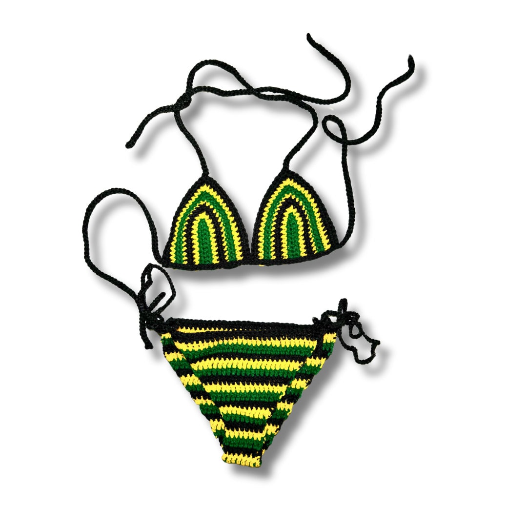 Handmade Jamaica Crochet Bikini 4-Piece Set with Micro Mini Skirt and Bucket Hat