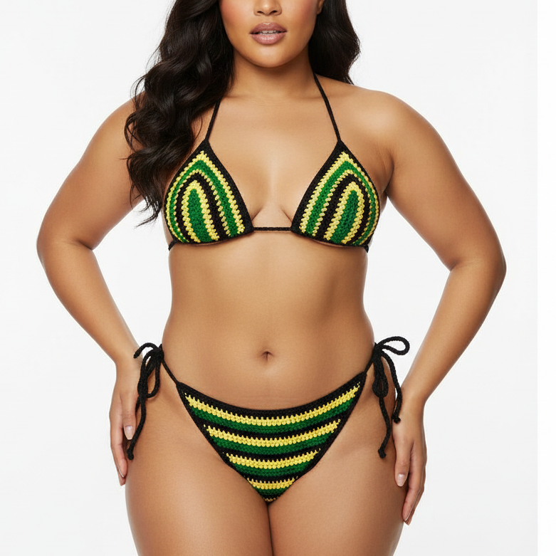 Stitched by Spice Handmade Jamaica Crochet Bikini 4-Piece Set with Micro Mini Skirt and Bucket Hat — alternative angle