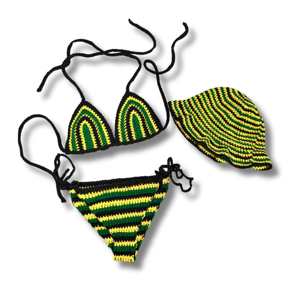Stitched by Spice Handmade Jamaica Crochet Bikini 4-Piece Set with Micro Mini Skirt and Bucket Hat — packaging