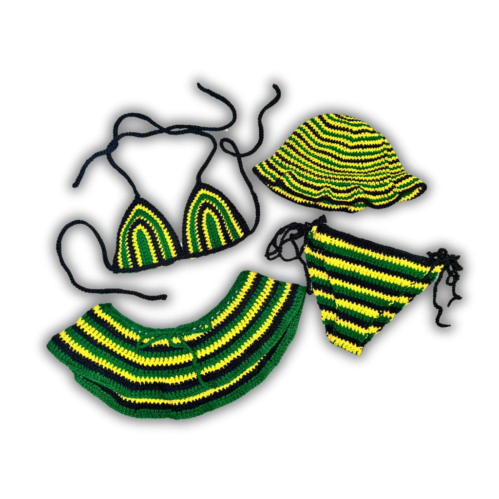 Stitched by Spice Handmade Jamaica Crochet Bikini 4-Piece Set with Micro Mini Skirt and Bucket Hat — lifestyle context