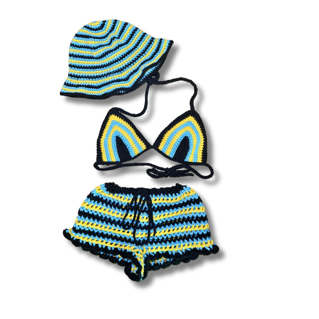 Stitched by Spice Bahamian Mesh Crochet Shorts with Bikini Matching Set — detail close-up