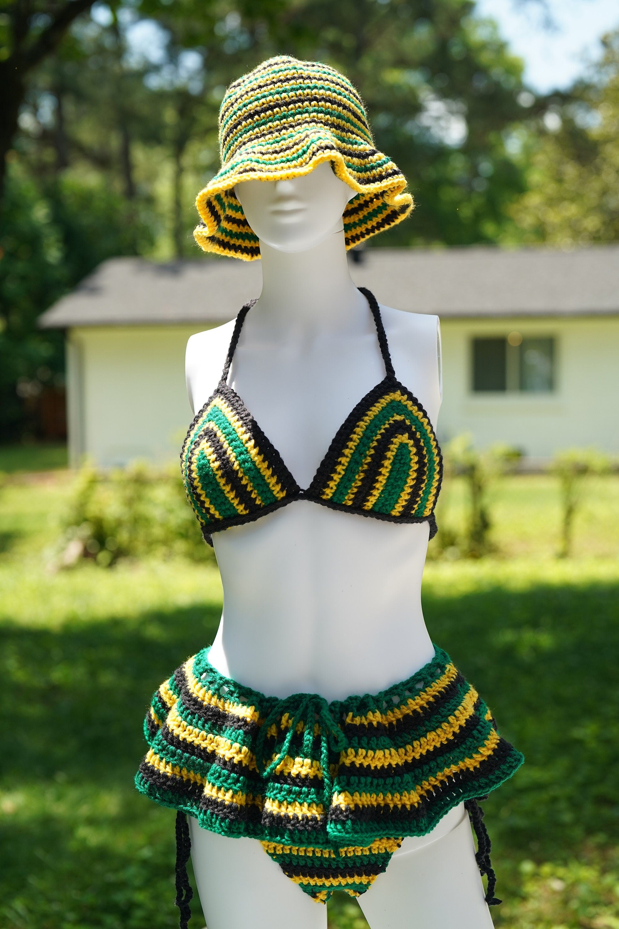 Stitched by Spice Handmade Jamaica Crochet Bikini 4-Piece Set with Micro Mini Skirt and Bucket Hat — in-use photo