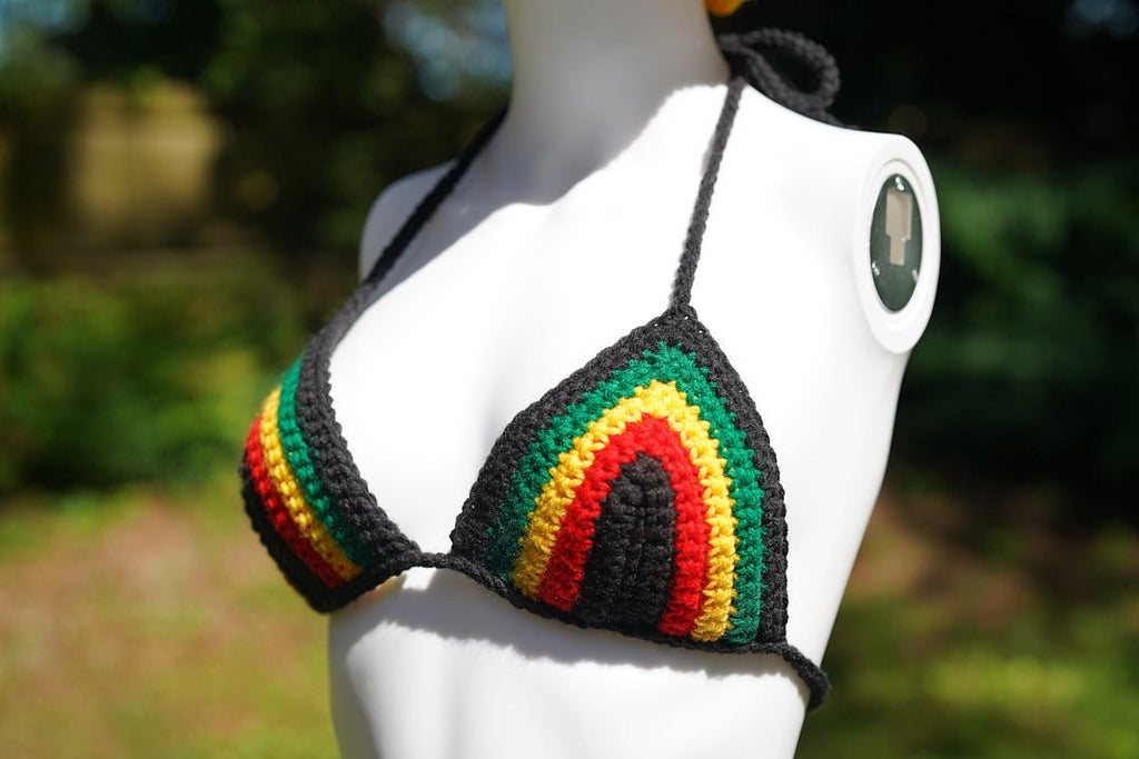 Stitched by Spice Handmade Jamaica Rasta Crochet Bikini 4-Piece Set with Micro Mini Skirt and Bucket Hat — color detail