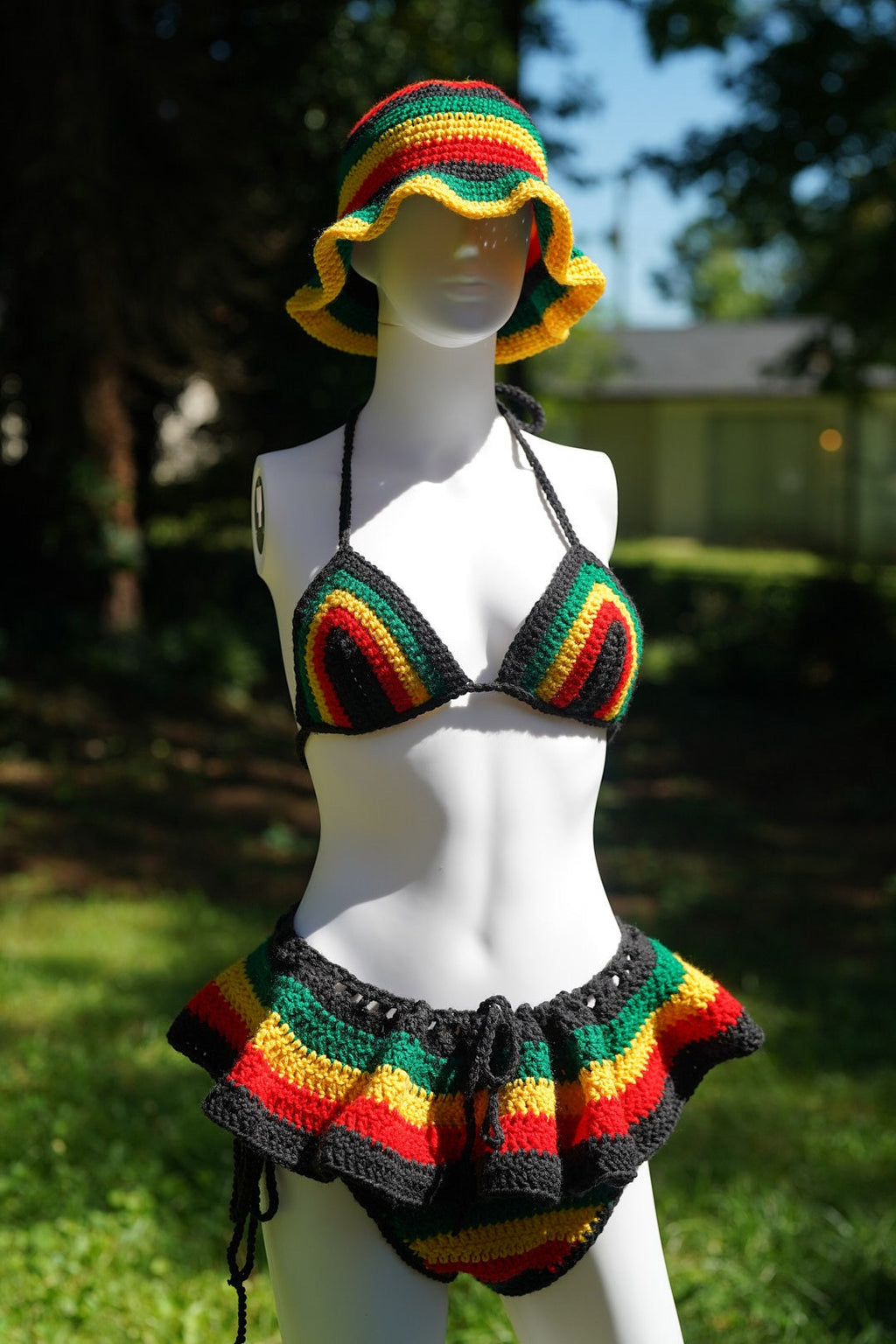 Stitched by Spice Handmade Jamaica Rasta Crochet Bikini 4-Piece Set with Micro Mini Skirt and Bucket Hat — back view