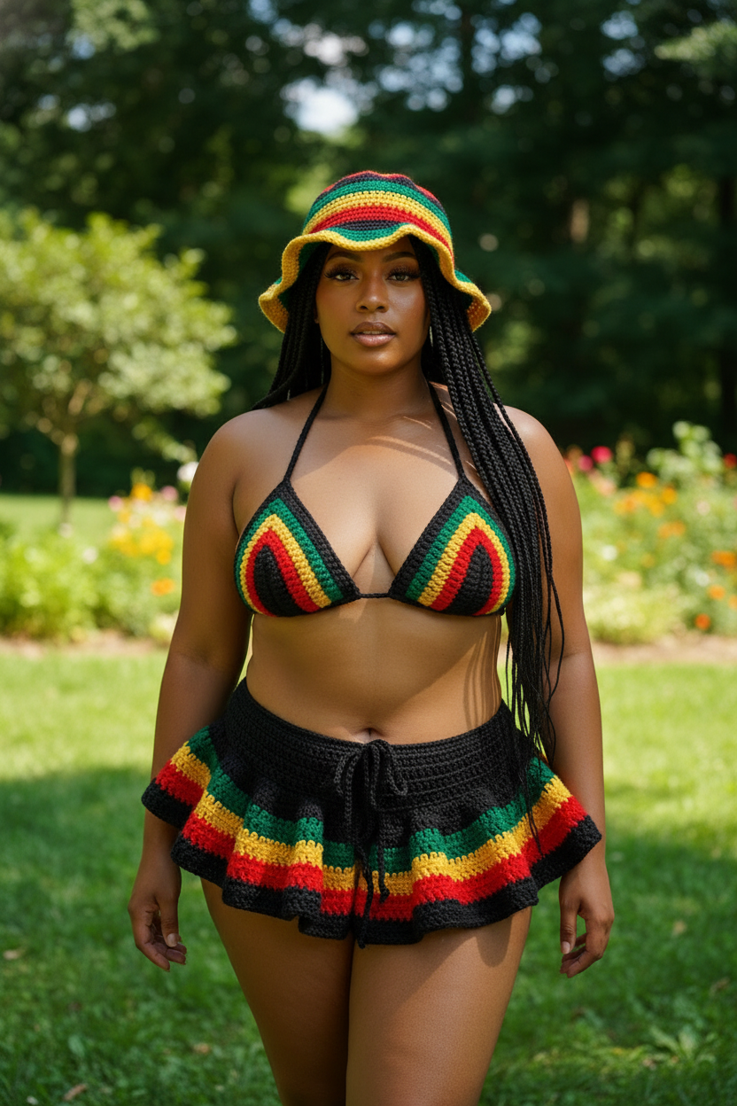 Stitched by Spice Handmade Jamaica Rasta Crochet Bikini 4-Piece Set with Micro Mini Skirt and Bucket Hat — alternative angle