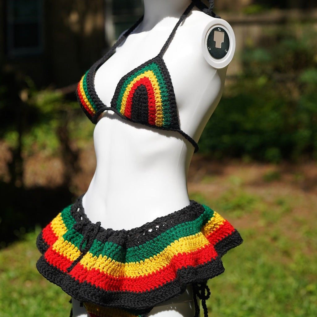 Stitched by Spice Handmade Jamaica Rasta Crochet Bikini 4-Piece Set with Micro Mini Skirt and Bucket Hat — lifestyle context