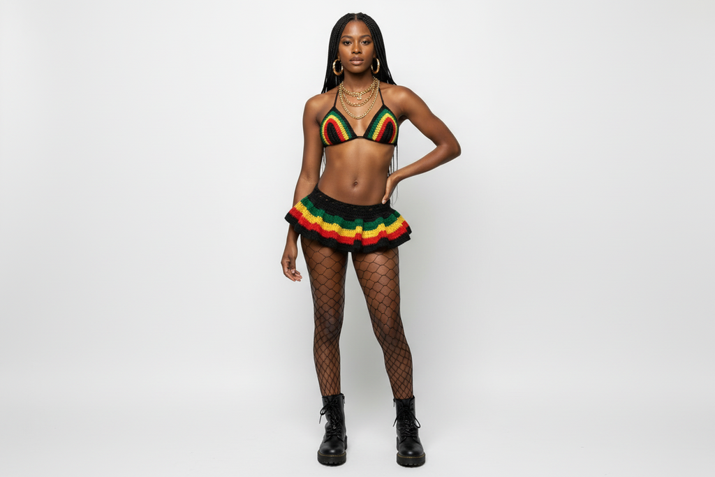 Stitched by Spice Handmade Jamaica Rasta Crochet Bikini 4-Piece Set with Micro Mini Skirt and Bucket Hat — detail close-up