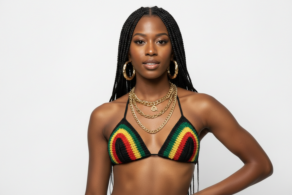 Stitched by Spice Handmade Jamaica Rasta Crochet Bikini 4-Piece Set with Micro Mini Skirt and Bucket Hat — product on model