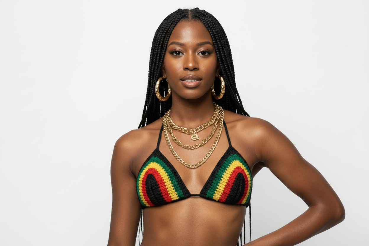 Stitched by Spice Handmade Jamaica Rasta Crochet Bikini 4-Piece Set with Micro Mini Skirt and Bucket Hat — product on model