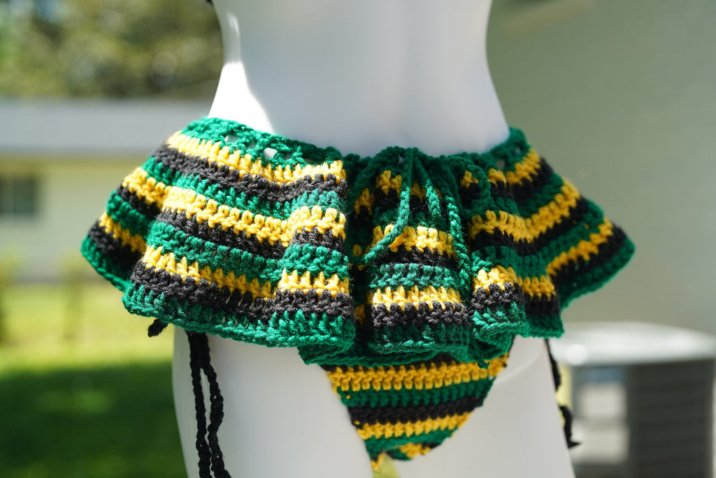 Stitched by Spice Handmade Jamaica Crochet Bikini 4-Piece Set with Micro Mini Skirt and Bucket Hat — color detail