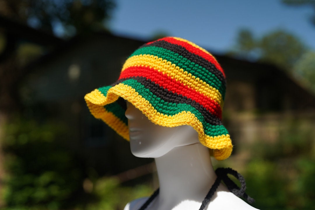 Stitched by Spice Handmade Jamaica Rasta Crochet Bikini 4-Piece Set with Micro Mini Skirt and Bucket Hat — fabric or material