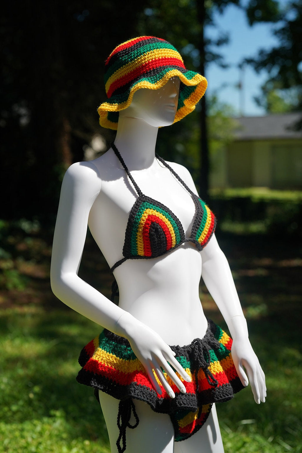 Stitched by Spice Handmade Jamaica Rasta Crochet Bikini 4-Piece Set with Micro Mini Skirt and Bucket Hat — packaging