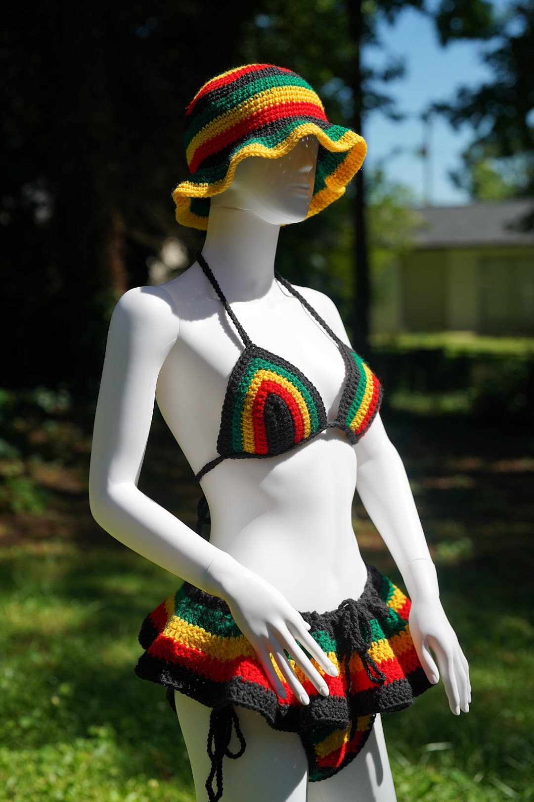 Stitched by Spice Handmade Jamaica Rasta Crochet Bikini 4-Piece Set with Micro Mini Skirt and Bucket Hat — packaging