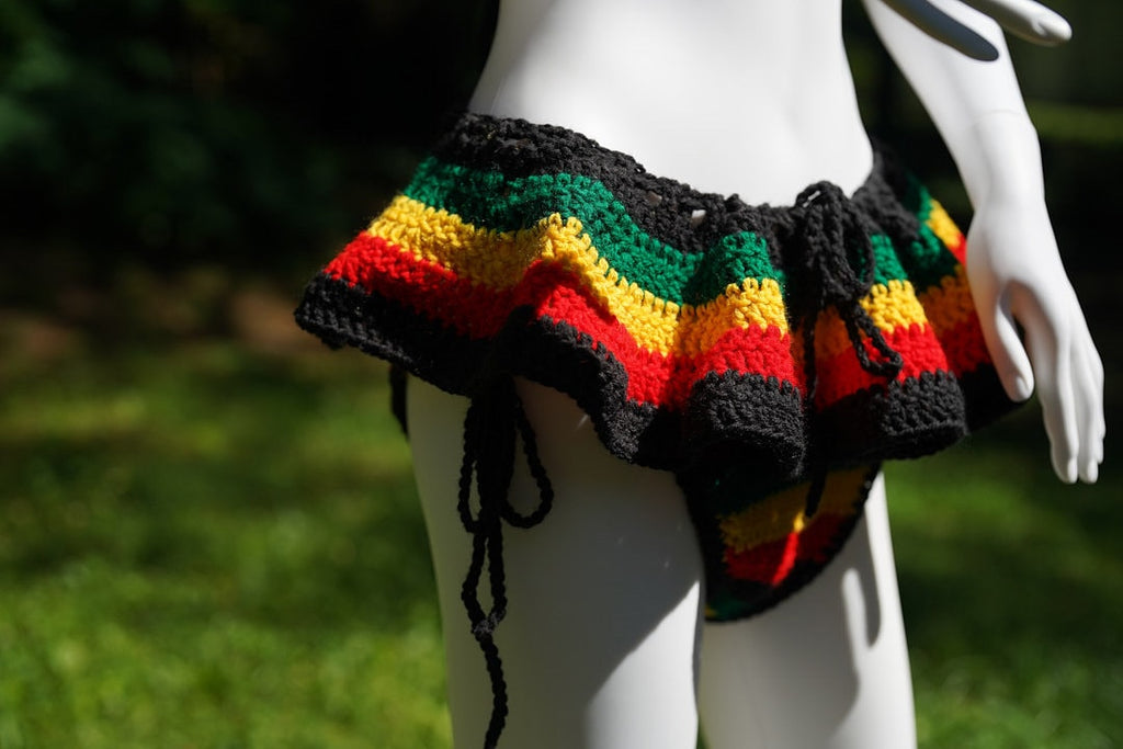 Stitched by Spice Handmade Jamaica Rasta Crochet Bikini 4-Piece Set with Micro Mini Skirt and Bucket Hat — size reference