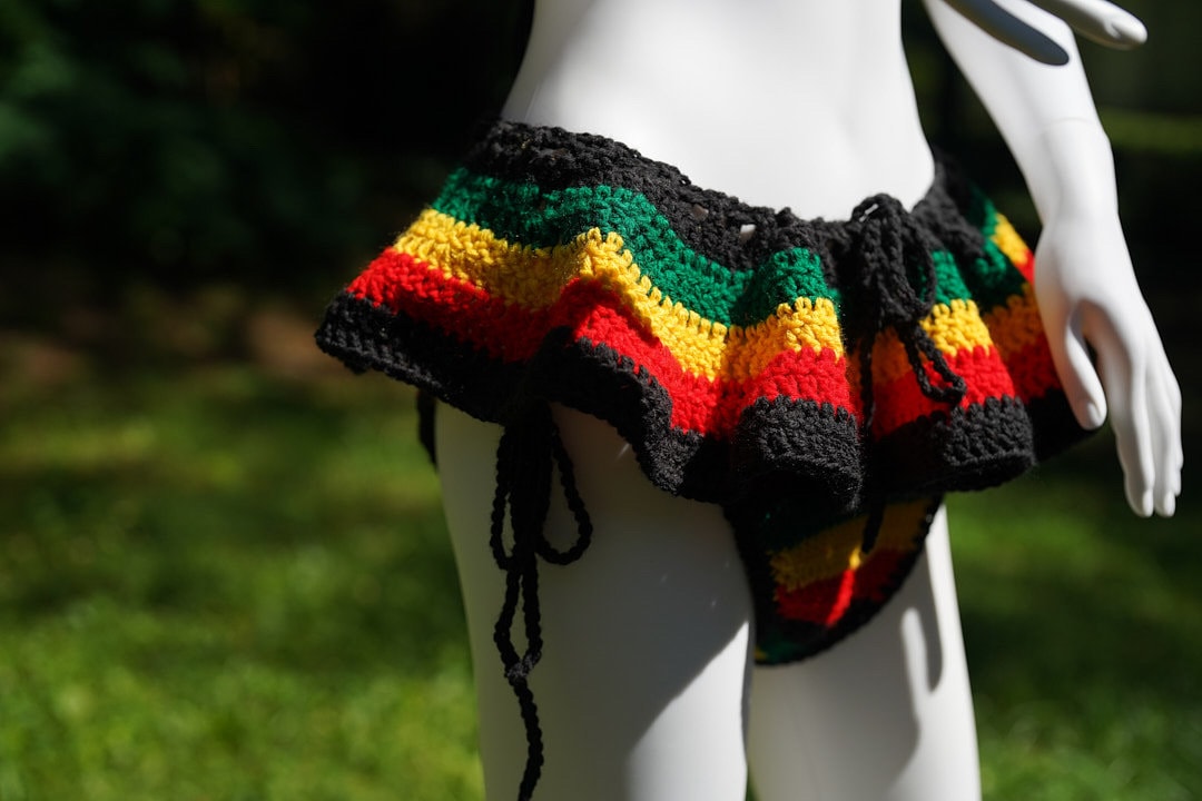 Stitched by Spice Handmade Jamaica Rasta Crochet Bikini 4-Piece Set with Micro Mini Skirt and Bucket Hat — size reference