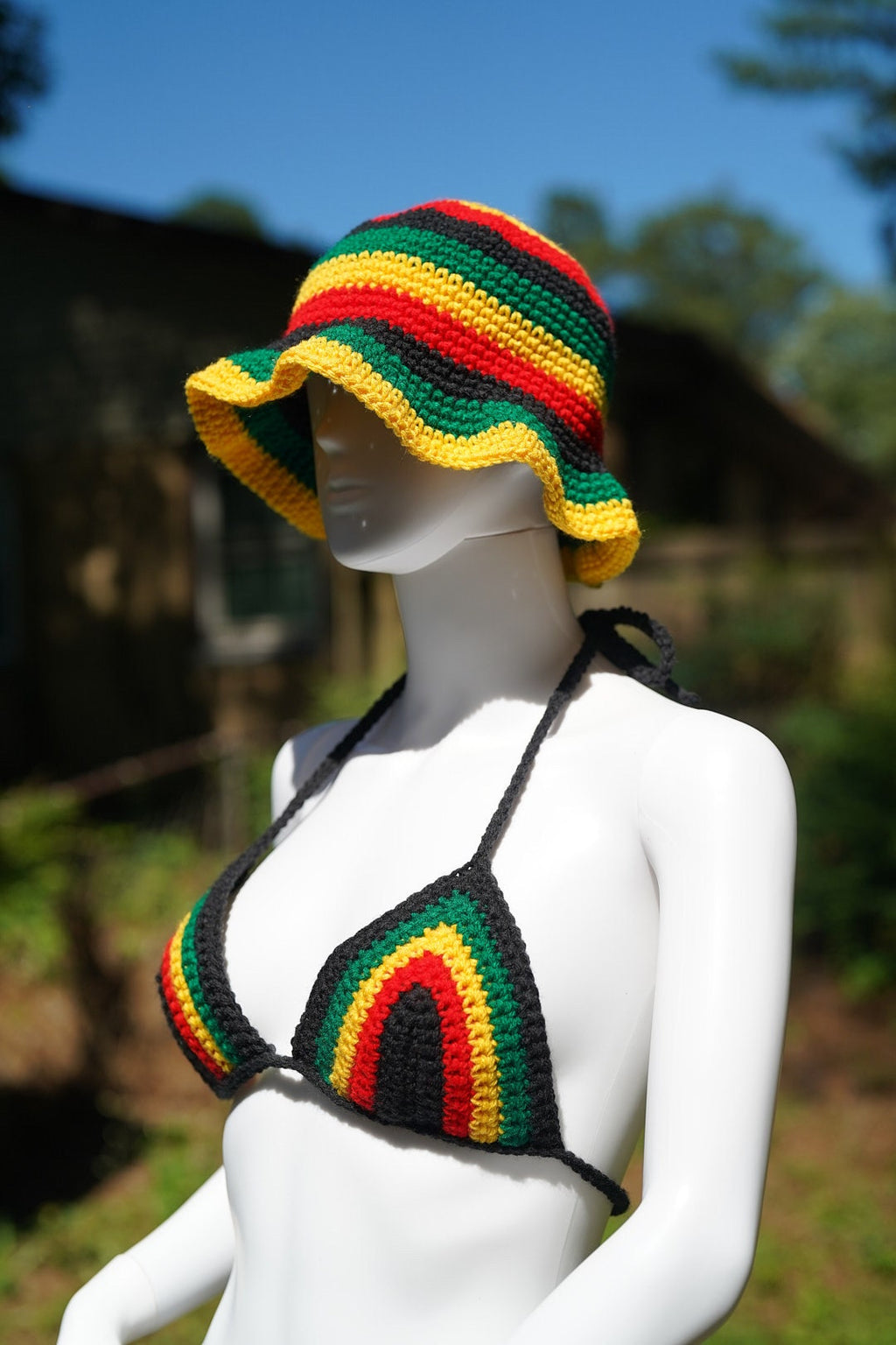 Stitched by Spice Handmade Jamaica Rasta Crochet Bikini 4-Piece Set with Micro Mini Skirt and Bucket Hat — comparison shot