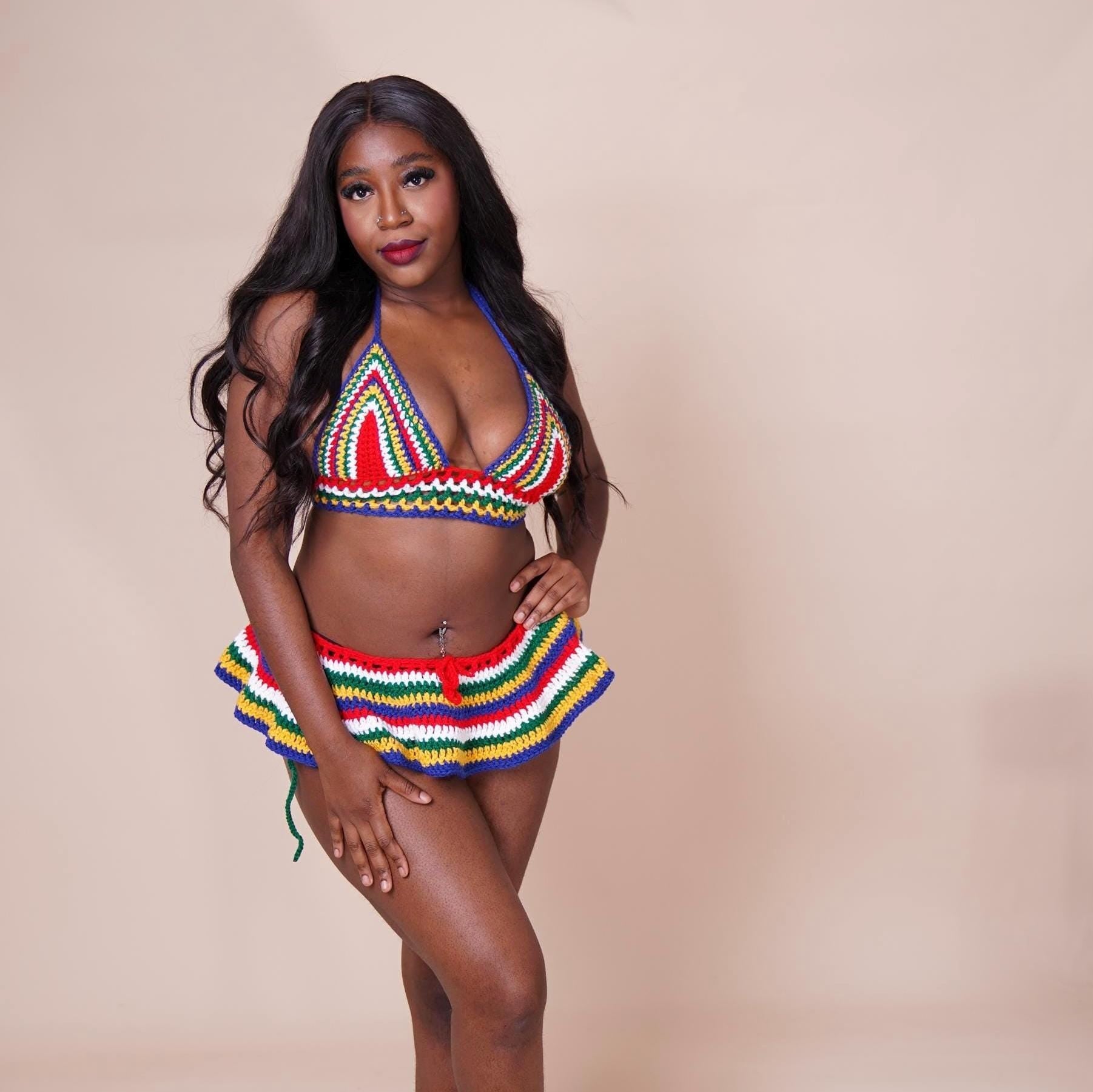 Stitched by Spice Handmade South Africa Crochet Bikini 3 Piece Matching Set with Micro Mini Skirt Cover Up — 3 Piece detail