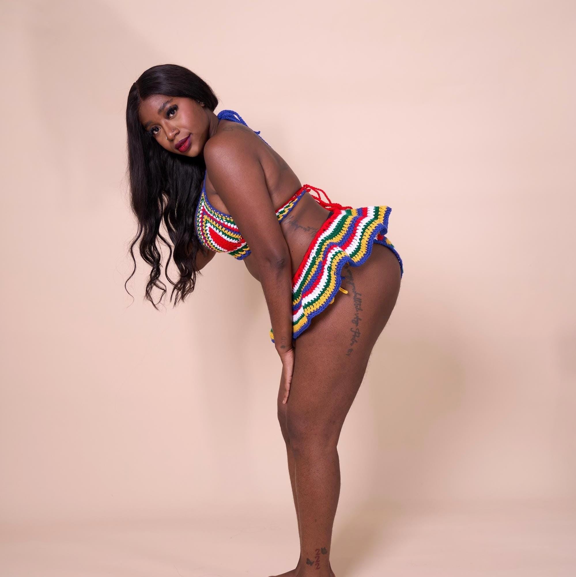 Stitched by Spice Handmade South Africa Crochet Bikini 3 Piece Matching Set with Micro Mini Skirt Cover Up — product category context