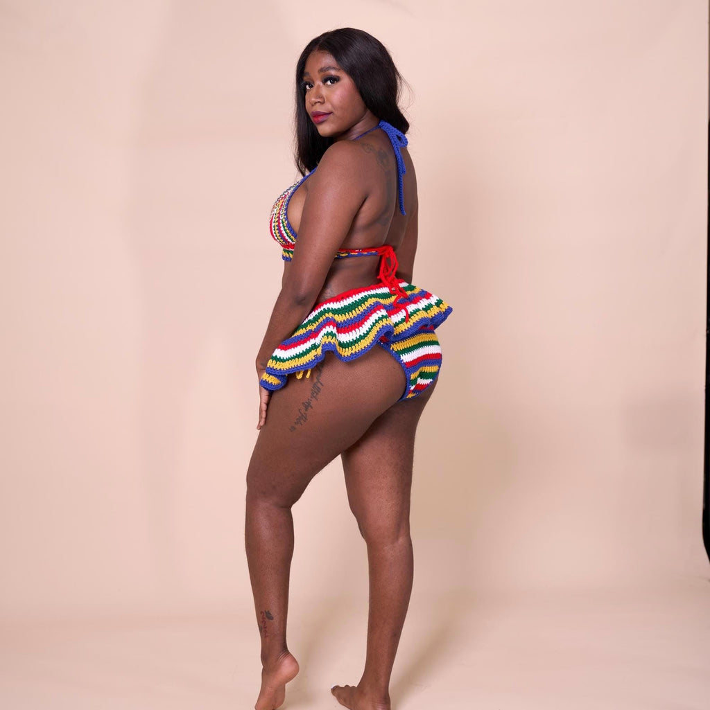 Stitched by Spice Handmade South Africa Crochet Bikini 3 Piece Matching Set with Micro Mini… — back view