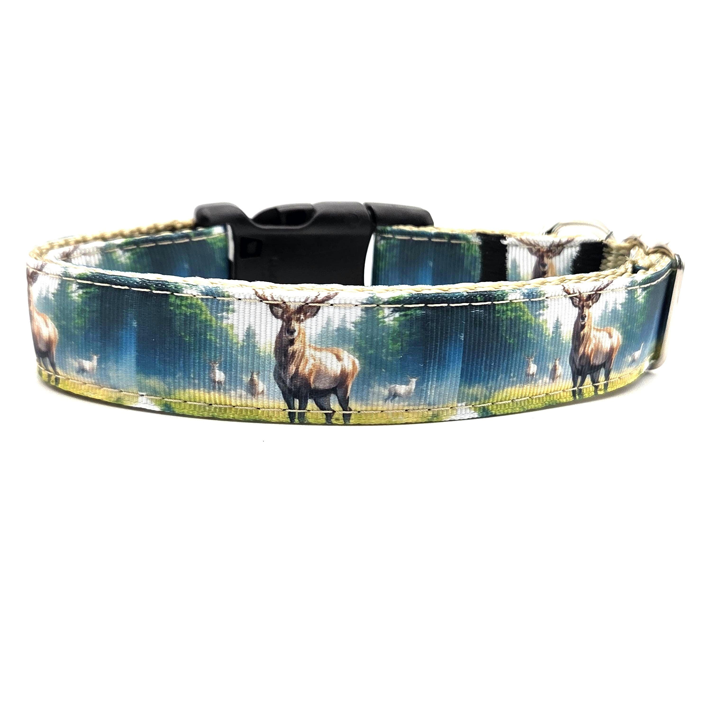 Rewarding Rover LLC Whitetail Deer Buck Dog Collar - Handmade Wilderness Scene - 1 Inch Wide Adjustable - Gift for Hunters & Outdoorsmen — image 1