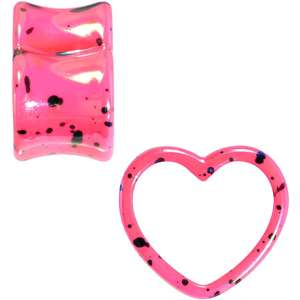 BodyCandy Black Speckled Pink Acrylic Heart Saddle Plug Set 4mm to 20mm — detail close-up