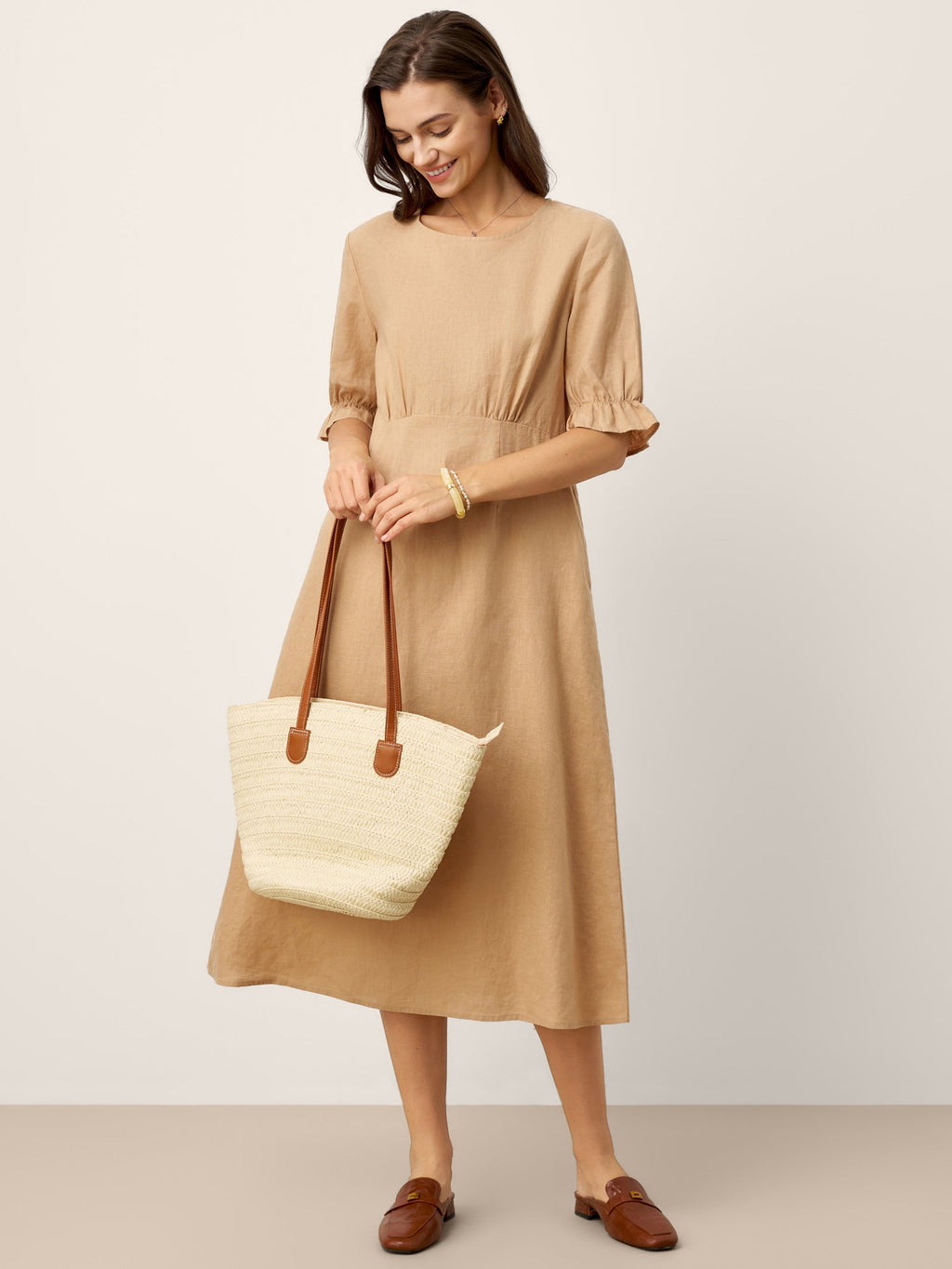 LINTICO 100% Linen Round Neck High Waist Ruffle Sleeve Maxi Dress ZEPHYRA — lifestyle worn / used context