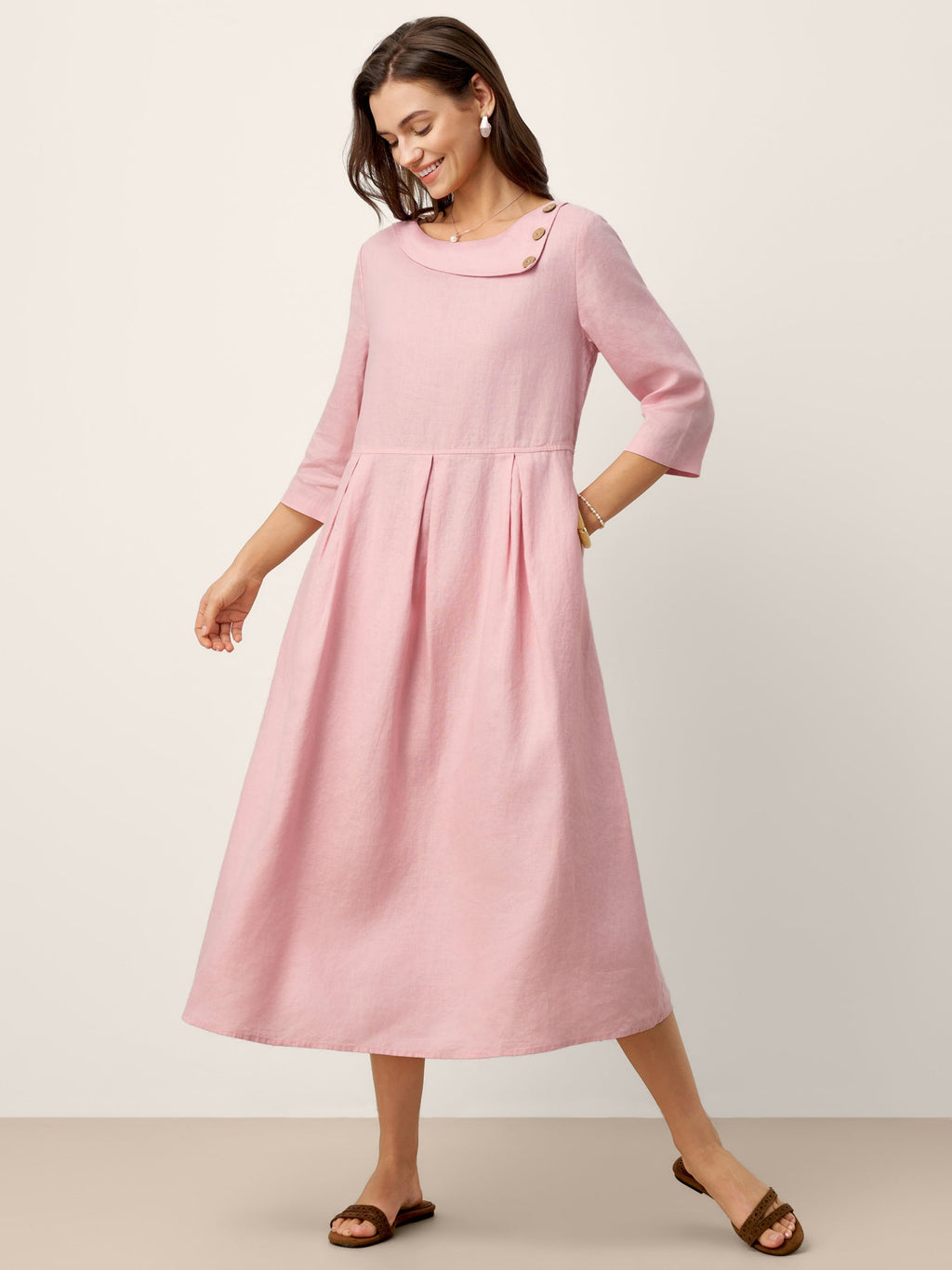 LINTICO 100% Linen Crescent Neck Decorative Button Waist Pleated Maxi Dress GWENYTH — dresses-maxi dresses-linen category context
