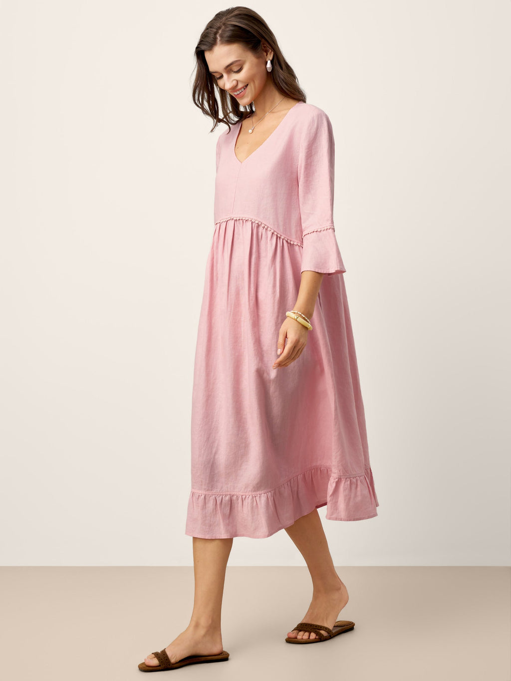 LINTICO 100% Linen V-Neck Ruffle Hem Midi Dress with Crochet Trim MARTHA — dresses-midi dresses-linen category context