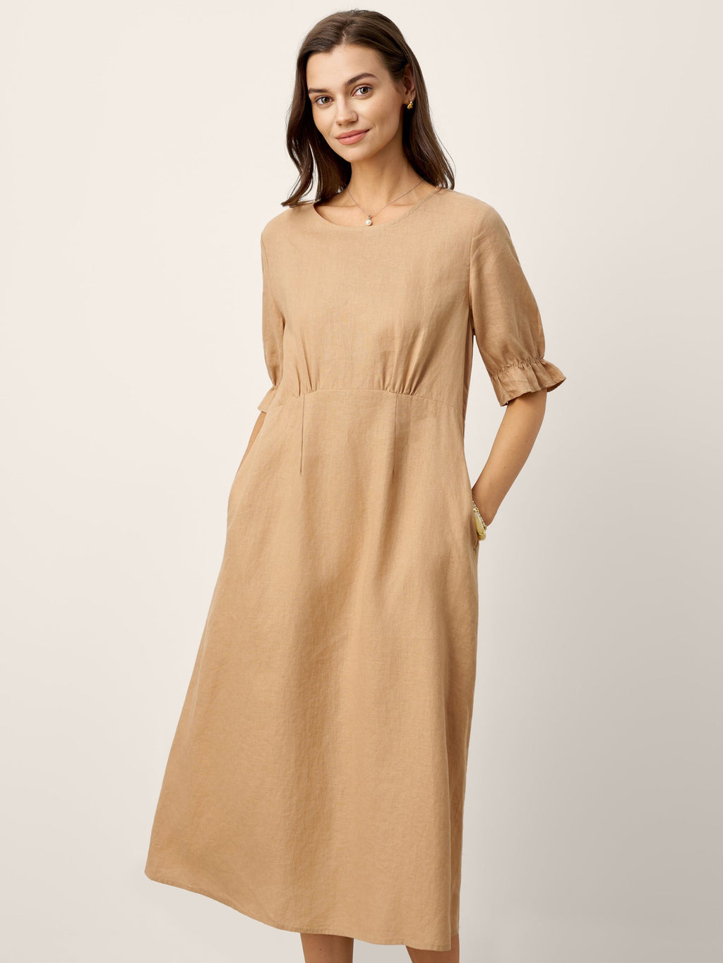 LINTICO 100% Linen Round Neck High Waist Ruffle Sleeve Maxi Dress ZEPHYRA — detail shot 6