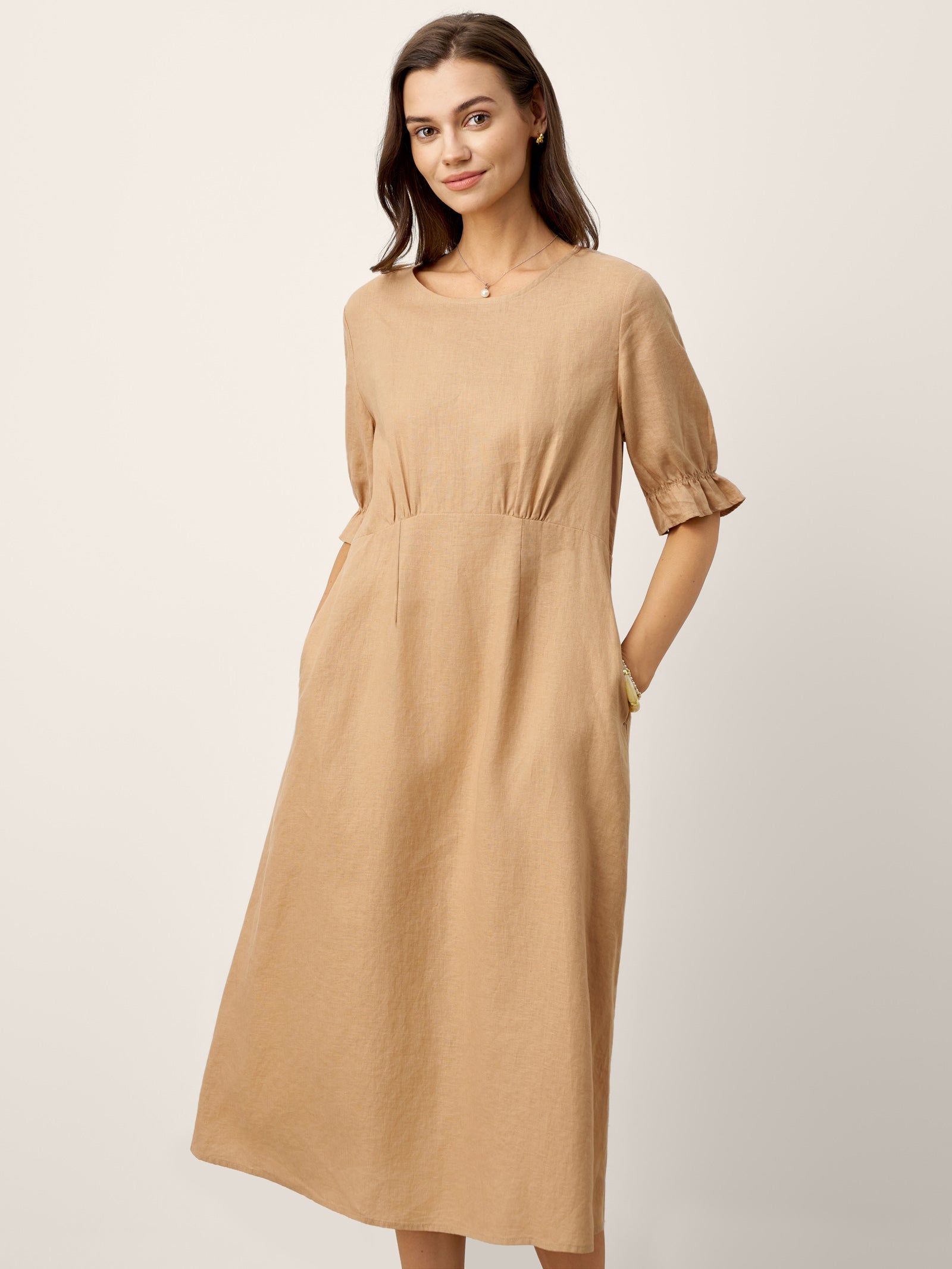 LINTICO 100% Linen Round Neck High Waist Ruffle Sleeve Maxi Dress ZEPHYRA — detail shot 6