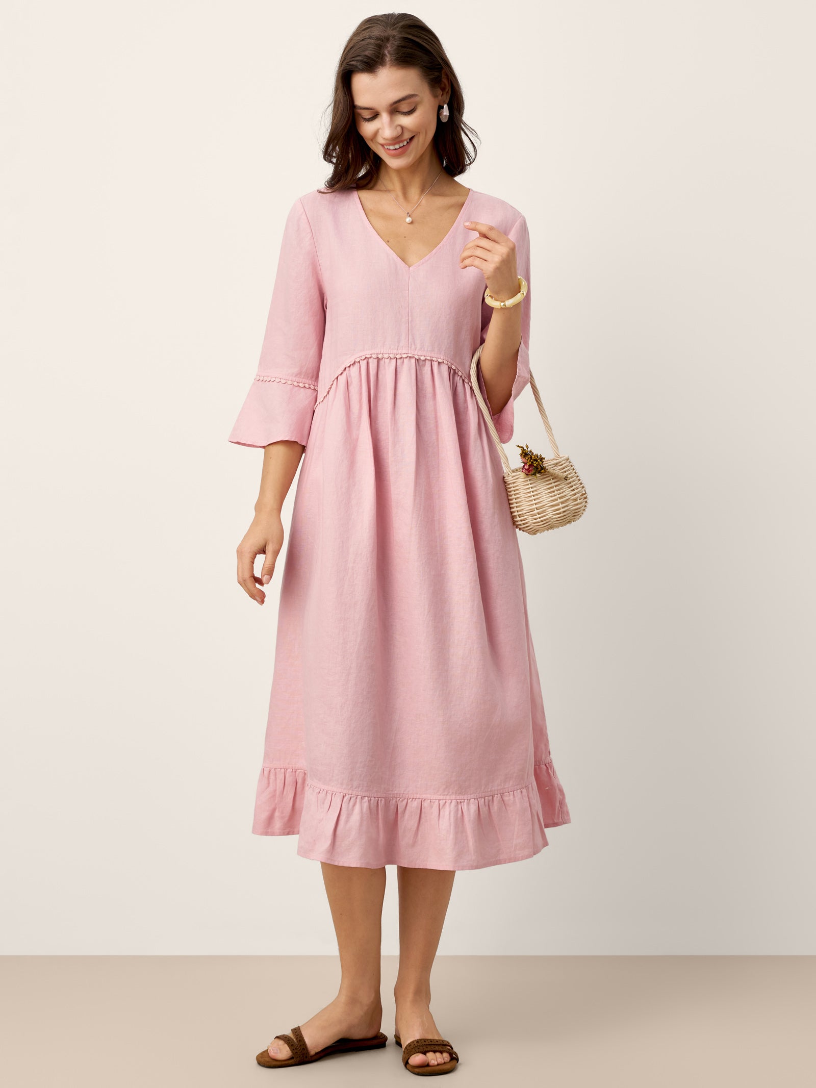 LINTICO 100% Linen V-Neck Ruffle Hem Midi Dress with Crochet Trim MARTHA — lifestyle worn / used context